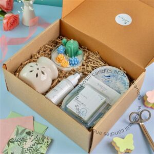 Windowsill Deluxe Gift Set featuring a Mini Cactus Garden Candle, Room & Linen Spray, Oval Trinket Tray, Scented Wax Melt, and Wax Melter with tealights in a beautifully curated box