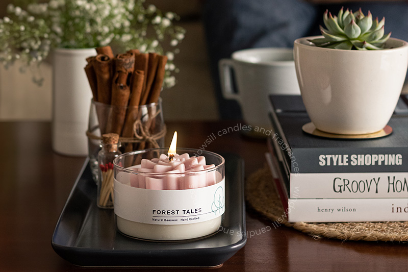 A cozy reading nook featuring a lit scented candle, books, and small indoor plants on a wooden desk.